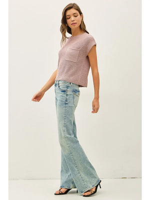 Patch Pocket Dolman Cap Sleeve Boxy Knit Sweater - 3 Colors