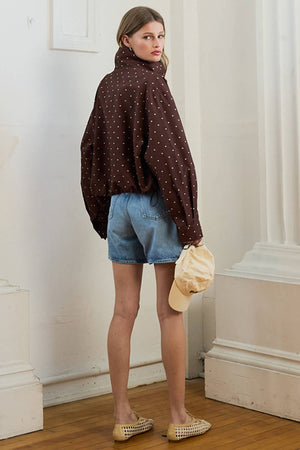 Polka Dot High Neck Drawstring Pullover Jacket in Brown Dot