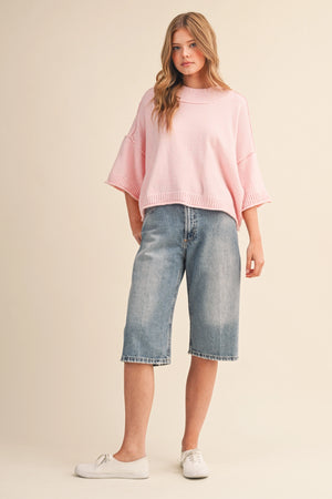 Marled Knit Mock Neck Short Sleeve Sweater