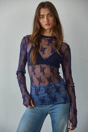 Knit Jacquard Lace Long Sleeve Mock Neck Top