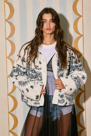 Paisley Print Drop Shoulder Teddy Jacket