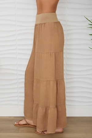 Linen Tiered Palazzo Pant in Camel