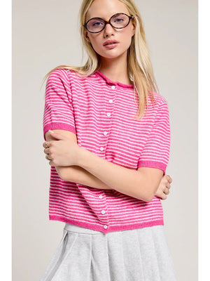 Striped Short Sleeve Essential Button Cardigan