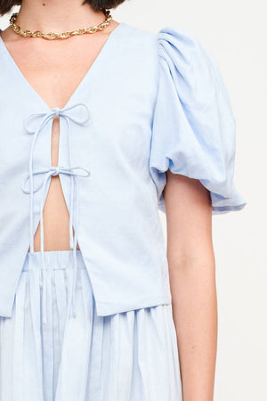 Aria Blue Linen Tie-Front Blouse