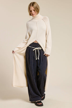 Ribbed Turtleneck Tunic Sweater Dress with Slit