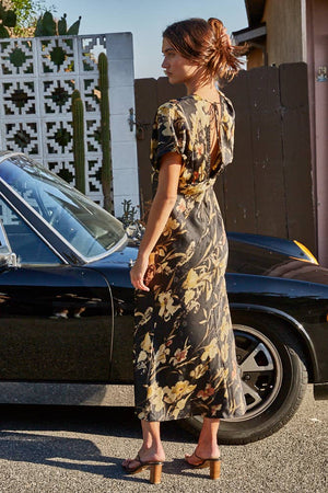 Floral Print Plunged Lace Detailed V-Neck Maxi
