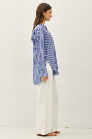 Cotton Linen Blend Striped Long Sleeve Button Up Shirt