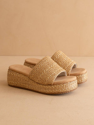 The Taniya Toffee Embroidered Raffia Platform Sandal