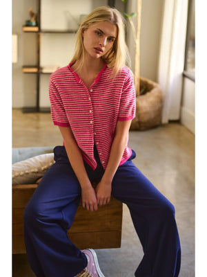 Striped Short Sleeve Essential Button Cardigan