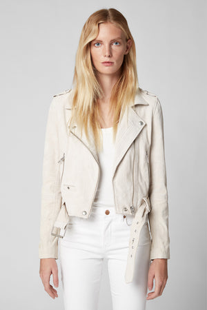 BlankNYC Cropped Suede Moto Jacket in White Sand