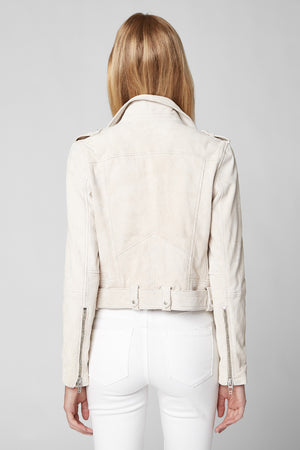 BlankNYC Cropped Suede Moto Jacket in White Sand