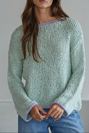 Knit Sweater Pullover Top With Contrast Hems Detail