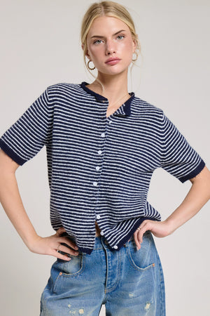Striped Short Sleeve Essential Button Cardigan