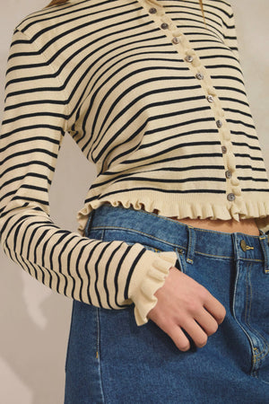 Striped Ruffle Wave Button Knit Cardigan