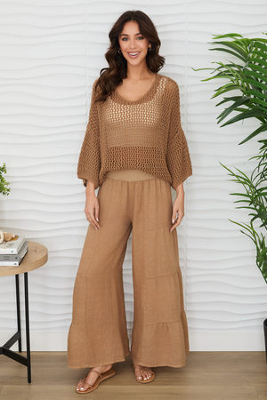 Linen Tiered Palazzo Pant in Camel
