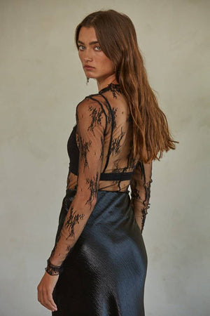 Knit Jacquard Lace Long Sleeve Mock Neck Top