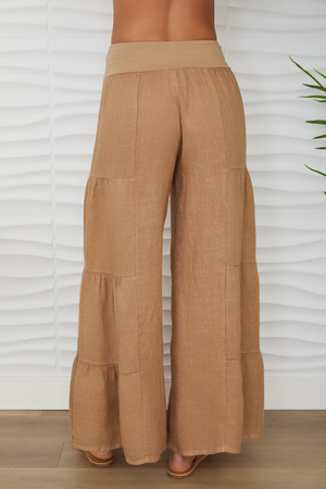 Linen Tiered Palazzo Pant in Camel