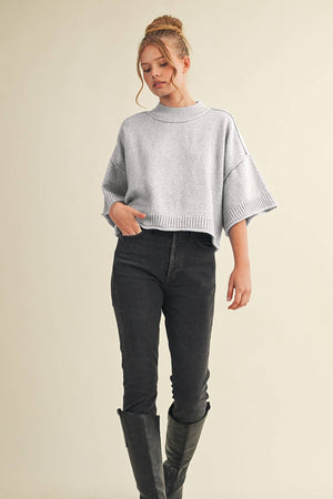 Marled Knit Mock Neck Short Sleeve Sweater