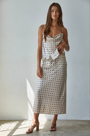 Satin Polka Dot Print Midi Skirt