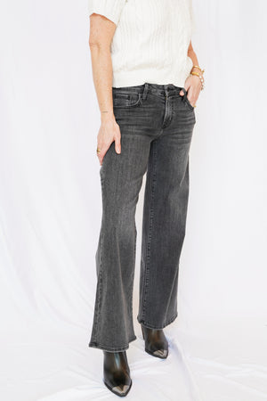 Wide Flare Leg Washed Black Jeans