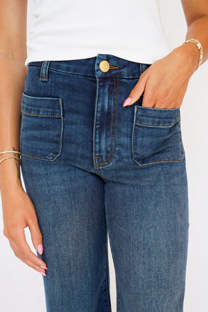 KUT Meg High Rise Wide Leg Front Pockets Inset Raw Hem Jeans in Adorably