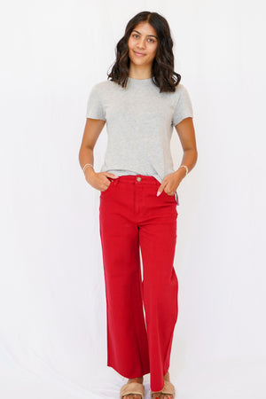 KUT Meg High Rise Fab Ab Wide Leg Raw Hem Jean in Ruby Red
