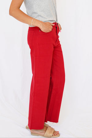 KUT Meg High Rise Fab Ab Wide Leg Raw Hem Jean in Ruby Red