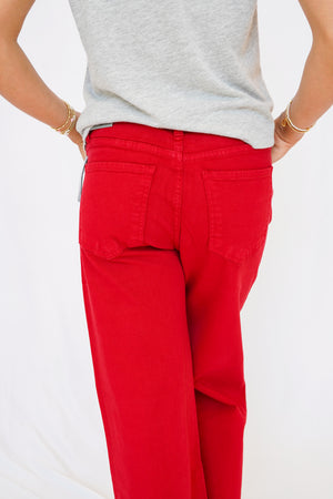 KUT Meg High Rise Fab Ab Wide Leg Raw Hem Jean in Ruby Red