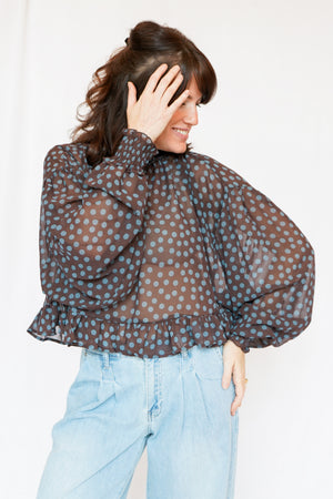 Emmy Polka Dot Sheer Mock Neck Top in Brown