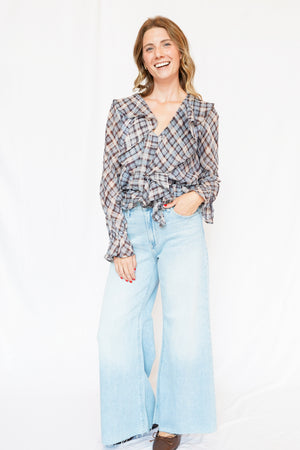 Kennedy Ruffle Peplum Top in Blue Plaid