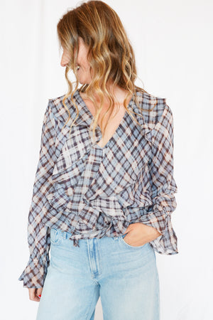Kennedy Ruffle Peplum Top in Blue Plaid