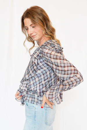 Kennedy Ruffle Peplum Top in Blue Plaid