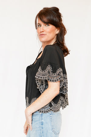 Isaly Contrast Embroidery Blouse in Black