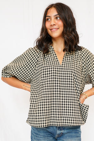 Alex Split Neck Blouse in Black Gingham