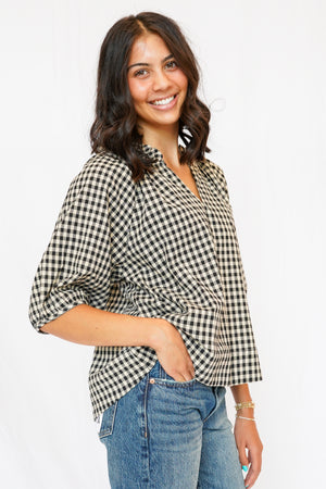 Alex Split Neck Blouse in Black Gingham