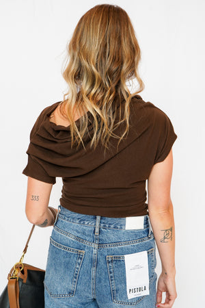 Sally Solid Off Shoulder Drape Top in Brown