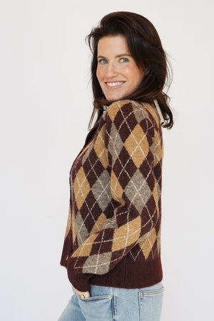 Argyle Cardigan Sweater in Wine