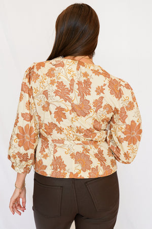 Sophie Floral Tie Waist Blouse in Natural Rust