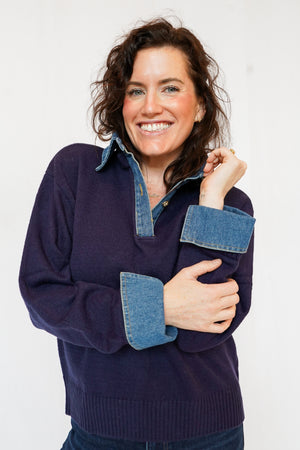 Denim Collared Sweater in Navy