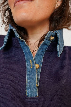Denim Collared Sweater in Navy
