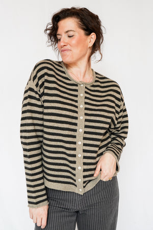 Dover Button Front Cardigan Sweater in Pewter Black Stripe