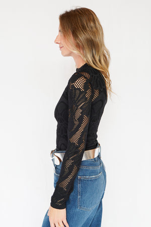 Knit Seamless Jacquard Mock Neck Long Sleeve Top in Black