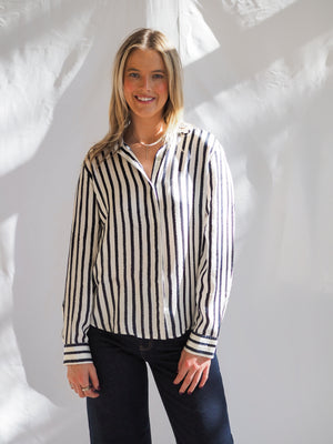 Bella Dahl High Low Hem Strip Button Down in Indigo Ink