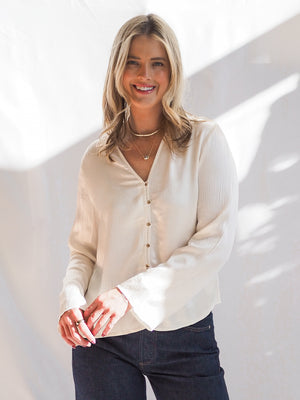 Bella Dahl Fitted Bell Sleeve Blouse in Ivory