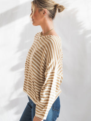 Striped T-Body Sweater in Beige Cream