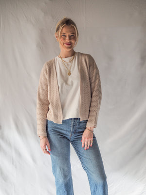 Crochet Knit Natural Open Front Cardigan