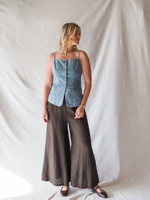 Linen Smocked Waist Palazzo Pant in Brown