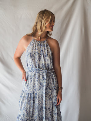 Anthem The Label Textured Halter Blue Midi Dress