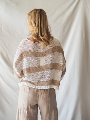 Striped Crew Neck Open Knit Crochet Top