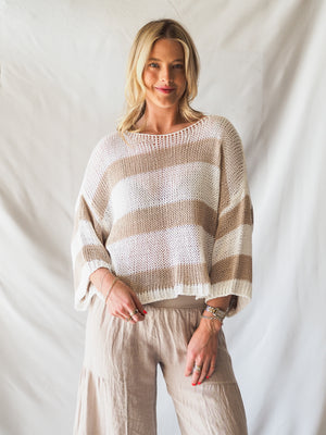 Striped Crew Neck Open Knit Crochet Top